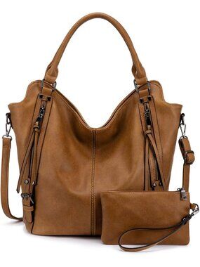Women's Tan PU Leather Tote Large Hobo Shoulder Purse Adjustable Handbag